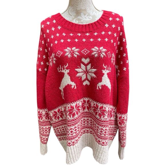 Fat Face UK Wool Blend Fair Isle Red Cream Reindeer Ski Resort Sweater Size 18 - Picture 7 of 16